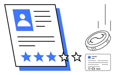 Fotoğraflı kullanıcı profili, yıldız reytingleri, ödülü sembolize eden bozuk para ve sosyal nişan kartı. Geri bildirim, inceleme analizi, çevrimiçi iş, ödüller, müşteri değerlendirmesi için ideal