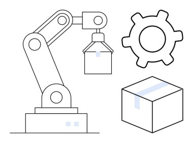 Otomatik üretim süreçlerini temsil eden bir paket, dişli sembolü ve mühürlü kutuyu kaldırmak. Teknoloji, üretim, lojistik, verimlilik, yenilik ve sanayi robotları için ideal