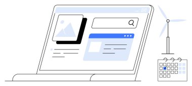 Web içeriğini gösteren dizüstü bilgisayar, arama çubuğu, rüzgar türbini ve tarihli bir takvim. Teknoloji, sürdürülebilirlik, organizasyon, e-ticaret, yenilik, dijital erişim planlaması için ideal