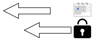 İki ok zıt yönleri gösteriyor, biri kilide doğru diğeri de takvime doğru. Planlama, zamanlama, güvenlik, karar verme, süreç akışı, zaman yönetimi, kullanıcı erişimi denetimi için ideal