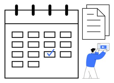 Proje planlaması için anahtar tarihlerini kontrol listesi, belgeler ve takım işbirliği ile vurgulayan takvim. Zaman yönetimi, üretkenlik, uzak çalışma, zamanlama, görev heyeti, içerik için ideal