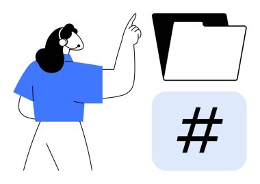 Üzerinde meta veri etiketi olan bir klasörü işaret eden kadın, organizasyonu, kategorizasyonu ve dijital veri yönetimini simgeliyor. Takım çalışması, üretkenlik, içerik yönetimi ve teknoloji için ideal