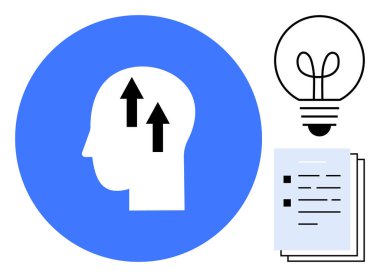 Büyümeyi simgeleyen yukarı doğru oklarla insan kafası silueti, fikirler için ampul ve organizasyon için belgeler. Yenilik, eğitim, kendini geliştirme, planlama, yaratıcılık için ideal