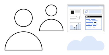 Grafikler, belgeler ve arama çubuğuyla çevrimiçi bir arayüze bağlı iki kullanıcı simgesi. Takım çalışması, veri paylaşımı, iletişim, bulut hesaplama, analitik, UX tasarım basit iniş sayfası için ideal