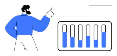 Dikey grafik görselleştirmesinde veri çubuklarını işaret eden kişi odaklanmış analiz ve sezgileri gösterir. Analiz, iş stratejisi, veri, sunum, rapor, iş akışı, basit iniş için ideal