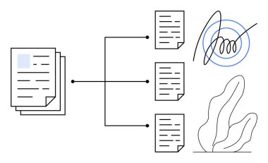 Bireysel dosyalara, dijital imzalara ve soyut şekillere bağlı yığılmış belgeler. İş süreci için ideal, belge yönetimi, dijital dönüşüm, iş akışı otomasyonu, dosya