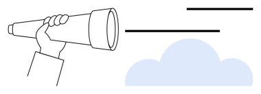 Bulutlu bir ufka nişan almış bir teleskop tutuyor. Görüş ve odaklanmayı gösteren minimalist çizgiler var. Keşif için ideal, hedefler, gelecek, strateji, keşif, hırs, perspektif. Düz basit