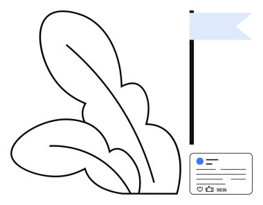 Bir bayrak ve uyarı çerçevesiyle eşleştirilmiş soyut yapraklar doğa, iletişim ve sürdürülebilirliği birleştiriyor. Sosyal medya, büyüme, toplum, reklamcılık, takım çalışması, katılım için ideal