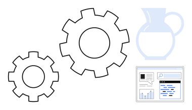 İki vites sembolize etme süreci, zayıf bir atıcı ve dijital analitik ekran verimlilik, işbirliği ve veri odaklı stratejiler öneriyor. İş için ideal, takım çalışması, analiz, süreç tasarımı