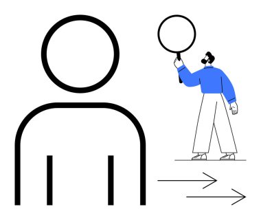 Cesur insan dış hatları, büyüteçle analiz eden bireyler ve ileri bakan oklar. Araştırma, analiz, keşif, odaklanma, ilerleme, liderlik için ideal basit iniş sayfası