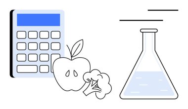 Hesap makinesi, elma, brokoli, sıvı laboratuvar şişesi. Beslenme araştırmaları, gıda bilimi, sağlıklı beslenme, diyet planlama eğitimi bilimsel çalışmalar, sağlık programları için idealdir. Düz basit metafor