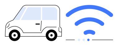 Mavi kablosuz sinyal ikonunun yanındaki kompakt araba otomotiv teknolojisi, bağlantı ve loto anlamına geliyor. Özerk sürüş, akıllı ulaşım, telematik, yenilik, hareketlilik ağı için ideal