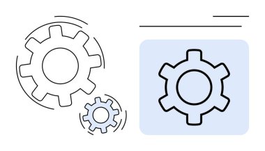 Birbirine bağlı vitesler ve mavi bir karede vites sembolü. Takım çalışması, otomasyon, mühendislik, problem çözme, yazılım geliştirme, iş akışı iyileştirme, basit iniş konuları için ideal