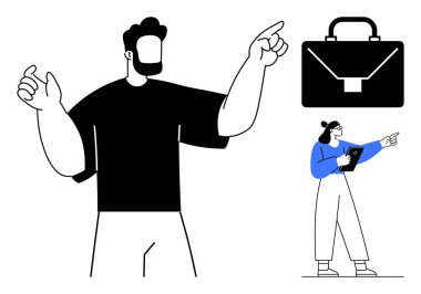 İki kişi yukarıda büyük bir evrak çantası ikonu ile işbirliği içinde hareket ediyorlar. Takım çalışması, liderlik, planlama, kurumsal strateji, iş hedefi belirleme, kariyer büyümesi için ideal