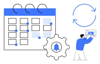 İşaretli olaylar takvimi, bir bildirim dişlisi simgesi, güncellemeler için rotasyonel oklar ve içeriği yükleyen bir kişi. Zamanlama, hatırlatıcılar, iş akışı, güncellemeler, içerik planlama otomasyonu için ideal