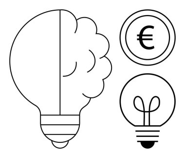 Beyin ile bölünmüş ampul, daha küçük klasik ampul ve avro sikkesi fikirleri, yaratıcılığı, yeniliği, finans, girişimciliği ve eğitim stratejisini temsil eder. Daire sorunu çözmek için ideal