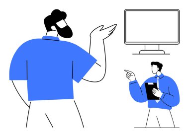 İki profesyonel, pano tutarken monitörü işaret eden bir tartışmayla meşgul. Takım çalışması, işbirliği, beyin fırtınası, sunum, ofis, iletişim, liderlik için ideal