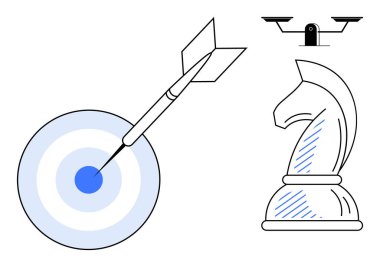 Dart, hedef merkezini satranç şövalyesi ve dengeleyici skalayla vurmak analitik, strateji ve karar verme mekanizmasını temsil ediyor. Odaklanma, denge, hedefler, iş, planlama, sorun çözme dairesi için ideal