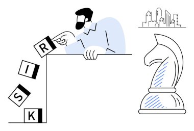 Risk bloklarını sabitleyen adam, stratejik düşünceyi sembolize eden satranç şövalyesi, arka planda şehir çizgisi. Strateji, karar verme, risk yönetimi, liderlik, sorun çözme, yatırım için ideal