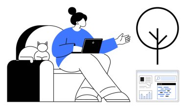 Bir kadın kedisiyle kanepede otururken dizüstü bilgisayar kullanıyor. Yakınlarda dijital arayüz ve ağaç sanatı var. Uzaktan çalışma, teknoloji, rahatlama, hayvan bakımı, yaratıcılık, üretkenlik, basit iniş sayfası için ideal