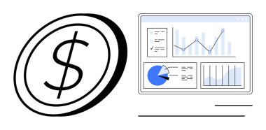 Ekran grafikleri, çubuk grafikler ve analizlerin yanında bir dolar. Finans, bütçe, yatırım, istatistik, ekonomik planlama, iş görüşü görselleştirmesi için ideal basit bir iniş sayfası