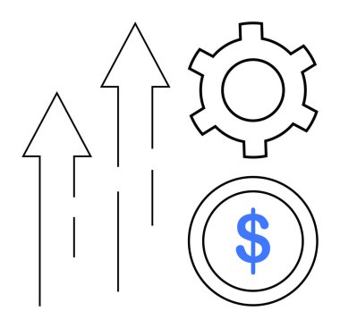 Yukarı ok ilerlemeyi, vites verimliliği, dolar işareti de finans ve büyümeyi temsil ediyor. Finans, büyüme, iş stratejisi, yenilik, kâr, yatırım için ideal