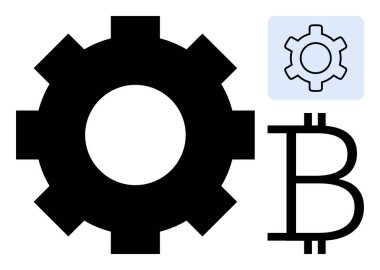 Büyük siyah dişli, mavi kutuda daha küçük teçhizat ve Bitcoin sembolü kripto para, otomasyon, engelleme zinciri, fintech 'i vurguluyor. Teknoloji, finans, yenilik dijital dönüşüm için ideal
