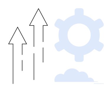Bir dişlinin yanında yükselen oklar ve bulut ilerlemeyi, yeniliği, takım çalışmasını, verimliliği, büyümeyi, başarıyı ve teknolojiyi temsil ediyor. Basit geliştirme, strateji veya işbirliği temaları için idealdir