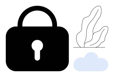 Kara kilit güvenliği simgeler. Yakın bulut ve soyut bitki denge ekler. Siber güvenlik, veri koruması, gizlilik, çevrimiçi güvenlik, modern teknoloji, minimalizm, basit iniş sayfası için ideal