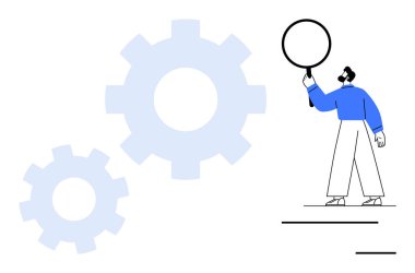 Bir vitesi büyüteçle yakından inceleyen, analizi sembolize eden, problem çözme, mühendislik, yenilik, strateji, iş geliştirme ve optimizasyonu simgeleyen kişi. Basit bir şey için ideal.