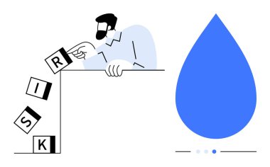 Mavi bir su damlası koruma, sürdürülebilirlik ya da çözümler içerirken insan risk bloklarının devrilmesini engelliyor. Risk yönetimi, sorun çözme, sorumluluk ve suyun korunması için ideal