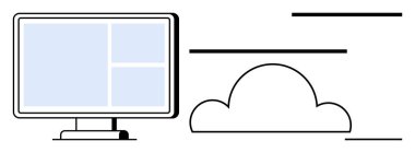 Basit bulut grafikleri ve temiz çizgilerin yanında içeriği gösteren bir bilgisayar monitörü. Teknoloji için ideal, bulut depolama, çevrimiçi işbirliği, veri transferi, bilişim, modern iş, düz basit