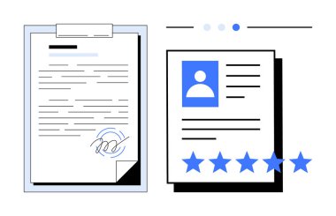 Profil genel değerlendirmesinin yanında imzalı bir belge. İçinde bir fotoğraf ve beş yıldızlı bir not var. Başvuru süreci, askere alma, değerlendirme, anlaşma, profil yönetimi, sözleşme imzalama için ideal