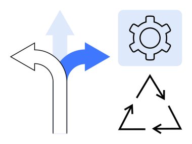 Eğri ve düz oklar, vites simgesi ve ok üçgeni. Süreç akışı, karar verme, geri dönüşüm, sürdürülebilirlik, yenilik, iş akışı ve minimalist basit iniş sayfası için ideal