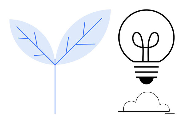 Лист прорастает символизируя природу и устойчивость рядом с светящейся лампочкой над облаком. Идеально подходит для творчества, роста, энергии, экологии, инноваций, мозгового штурма. Плоская простота
