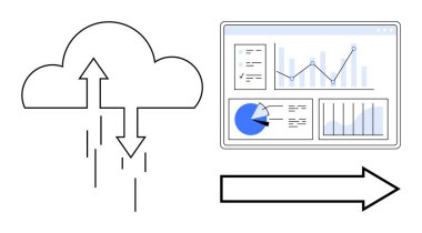 Analitik gösterge panelinin yanına veri indirmeyi sembolize eden oklu bulut grafikler ve grafikler. Veri yönetimi, analitik, bulut hesaplama, dijital altyapı, iş için ideal