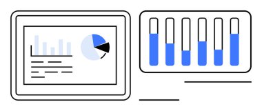 Tablet ekranı çubuk grafik ve pasta grafiğini gösterirken, diğer bir panel veri ilerlemesini vurgular. İstatistik, analitik, iş, teknoloji, sunum, raporlama için ideal, basit iniş sayfası
