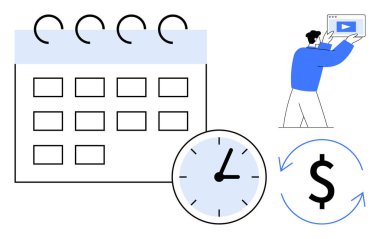 Vurgulanmış saat ve para sembollü takvim, elinde video oynatıcı ekranı olan adam. Zaman planlama, mali yönetim, medya üretimi, zamanlama, pazarlama, video içeriği için ideal