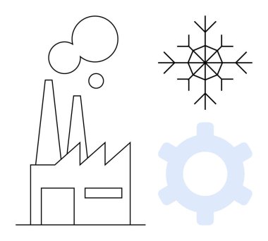 Baca yayan bir fabrika, bir geometrik kar tanesi, ve bir dişli ikonu, üretim, sürdürülebilirlik, enerji, çevresel etki, teknoloji ve endüstri temalarını yansıtan bir ikon. Bilim için ideal.