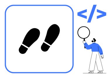 Kod etiketli ve elinde büyüteç olan ayak izleri. Kodlama, veri analizi, izleme, çevrimiçi güvenlik, dijital gizlilik, web geliştirme, basit iniş sayfası için ideal