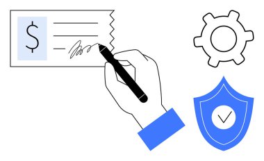 Dolar işareti olan bir çek imzalamak, operasyon için teçhizat ve güvenlik için keneli bir kalkan. Finans, bankacılık, işlemler, yetki, güvenlik işlemleri için ideal. Düz basit