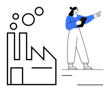 Fabrika yapısı, elinde tablet tutan ve işaret eden bir kadınla duman üretiyor. Mühendislik, imalat, endüstri, yenilik, kalite kontrol, süreç yönetimi ve basit iniş sayfası için ideal