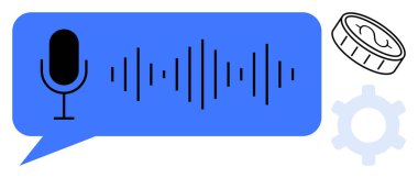Mikrofon ve ses dalgalarıyla mavi konuşma balonu, maddi değeri simgeleyen para simgesi ve teknoloji için teçhizat. Ses teknolojisi, otomasyon, yapay zeka, akıllı cihazlar, finans, yenilik dairesi için ideal