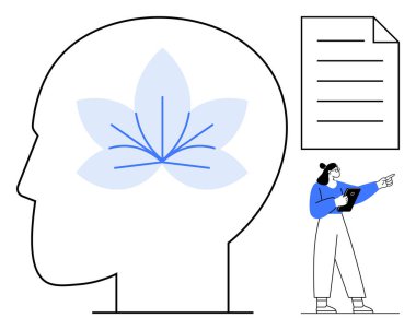 Çiçeksel beyin sembollü insan kafası ana hatları, fikirleri sembolize eden bir sunucu ve belge. Farkındalık, eğitim, refah, araştırma, sunum, yenilik için ideal basit bir iniş sayfası