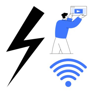 Video ekranı tutan adam, mavi yıldırım ve kablosuz sinyal enerjiyi, yayını, bağlantıyı, teknolojiyi, iletişimi, yenilik gücünü simgeliyor. Dijital teknoloji kavramları için ideal