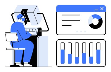 Teknik ekipman kullanarak masa başında çalışan bir kişi pasta grafiği ve çubuk grafiğiyle bir grafik arayüzünü analiz ediyor. Veri analizi, teknolojik yenilik, araştırma, üretkenlik, iş stratejisi, bilişim için ideal