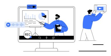 Sunucu ekrandaki grafiklere, video kayıt simgelerine, oyuncu pencereli kullanıcıya işaret ediyor. Uzaktan öğrenme, iş eğitimi, webinar, video eğitimi, çevrimiçi araçlar, dijital içerik basit