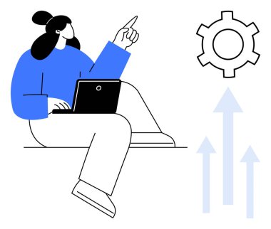 Dizüstü bilgisayar kullanan bir kadın, dişli ve yükselen okların yanına işaret ediyor. Takım çalışması, yenilik, strateji, üretkenlik, ilerleme ve büyüme teknolojisi için ideal. Basit bir iniş sayfası için mükemmel.