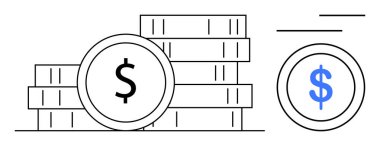 En büyük dolar işaretli para yığınları ve para birimini sembolize eden yüzen bir para. Finans, yatırım, para tasarrufu, ekonomi, zenginlik, muhasebe, dijital para birimi için ideal. Düz