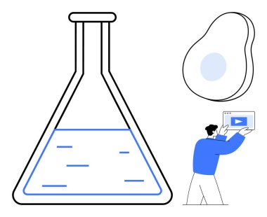 Adamın elinde tuttuğu ve sunduğu video içeriği bir laboratuvar şişesinin içinde sıvı ve soyut organik şekillerle dolu. Eğitim, araştırma, bilim, yenilik, teknoloji, pazarlama ve takım çalışması için ideal
